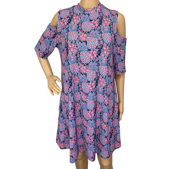 2/$15 Simply Southern Pineapple Print Cold Shoulder Dress Pockets Size M - Picture 2 of 11